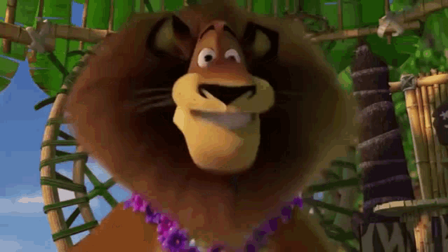 a cartoon lion wearing a lei and a purple flower necklace