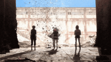 a group of people are standing in front of a building that is being demolished