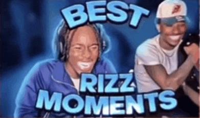 two men are laughing in front of a sign that says rizz moments