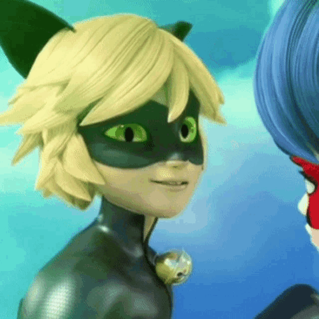 a close up of a cartoon character wearing a cat mask with green eyes .