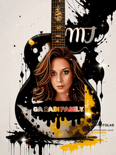 a painting of a woman and a guitar with the name garain family on it