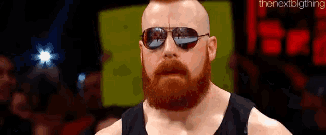 a bald bearded man wearing sunglasses and a black tank top is standing in front of a crowd .