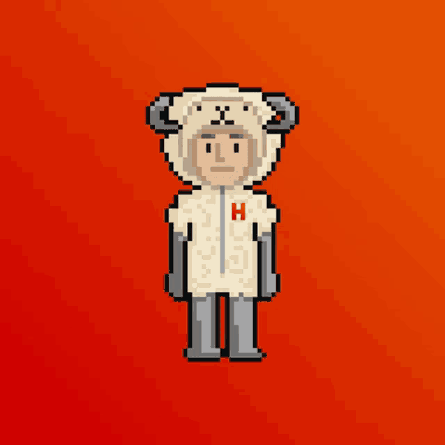a pixel art drawing of a man in a sheep costume with the letter h on his chest