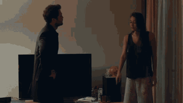 a man and woman are standing in front of a flat screen tv
