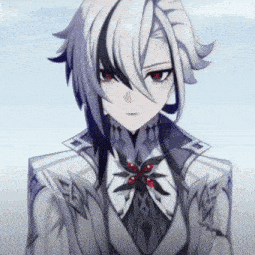 a girl with white hair and red eyes is wearing a suit