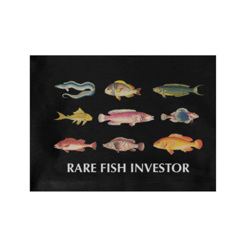 a black t-shirt that says rare fish investor on it
