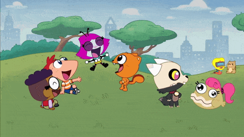 a group of cartoon characters are standing in a grassy field