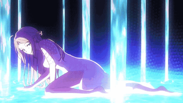 a woman in a purple dress is kneeling in the water