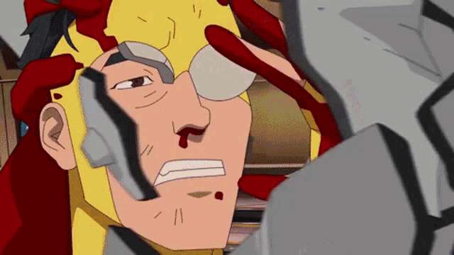 a cartoon of a man with blood on his face