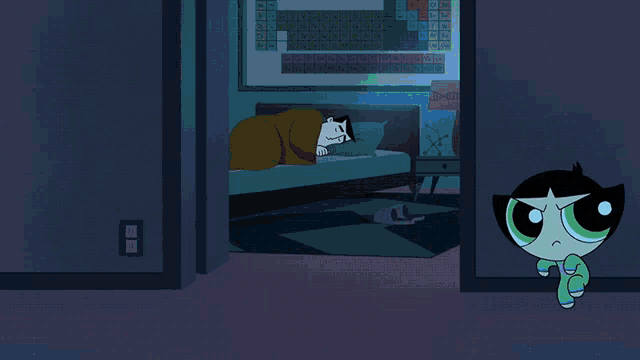three cartoon characters are standing in a room with a periodic table on the wall