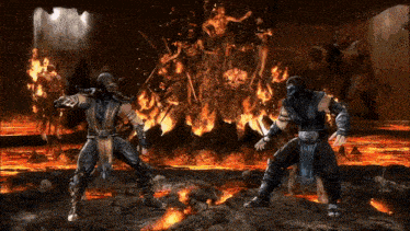 two video game characters are standing in front of a fire scene