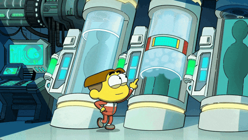 a cartoon character is standing in front of a row of cylinders that say ' eee ' on them