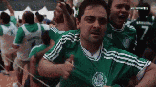 a man in a green palmeiras jersey is surrounded by other fans