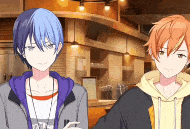 two anime characters are standing next to each other in a room