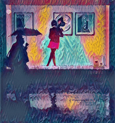 a painting of a man holding an umbrella and a woman in a red skirt dancing