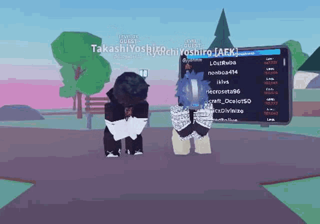 a man and a woman are standing next to each other in a park in a video game .