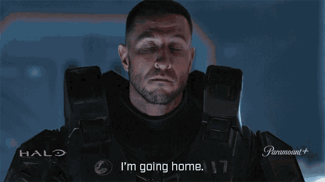 a man in a halo costume says i 'm going home