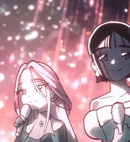 a drawing of a girl holding a microphone and another girl