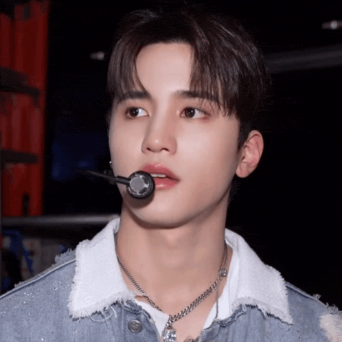 a young man wearing a denim jacket and a necklace holds a microphone in his mouth