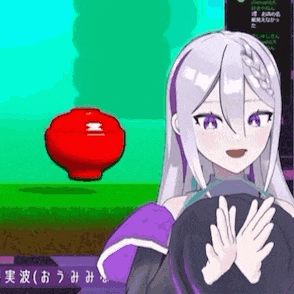 a girl with white hair and purple eyes is holding her hands up in front of a red bowl .