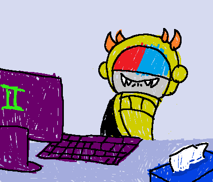 a drawing of a monster sitting in front of a computer with the letter i visible