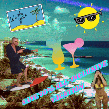 a man riding a surfboard on a beach with the words save 70 % all-inclusive vacation below him
