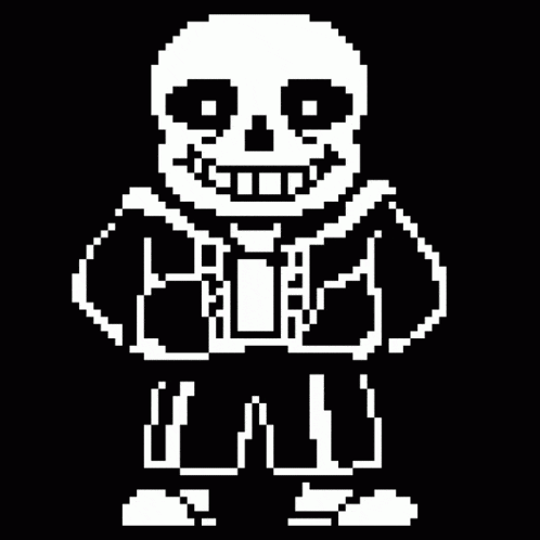a pixel art drawing of sans from undertale standing in front of a black background .