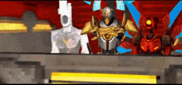 a group of robots standing next to each other in a room holding guns .
