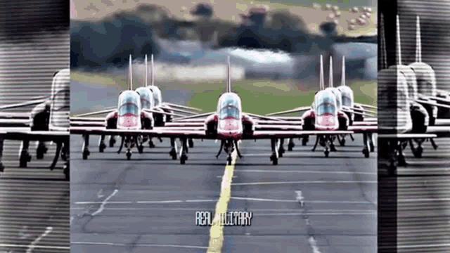 a row of fighter jets are lined up on a runway with the words real military written on the bottom