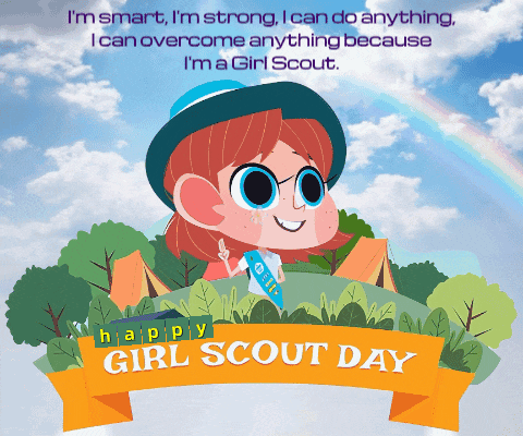 a poster for girl scout day with a girl scout on a hill