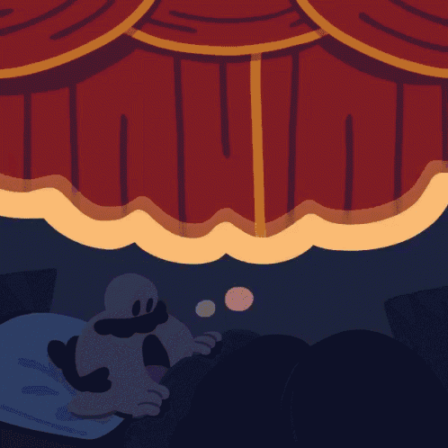 a cartoon drawing of a person sleeping under a curtain