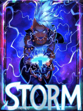 a picture of a person holding a lightning bolt with the word storm below it