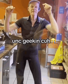 a man is dancing in a kitchen with the words `` unc geekin cuh '' written on the bottom .