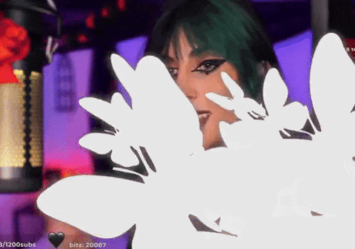 a woman with green hair is behind a microphone with a purple background .