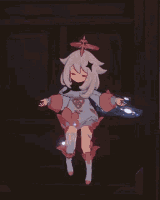 a cartoon character is standing in a dark room with a light coming out of her chest .