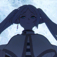 a girl with blue hair and blue eyes is standing in front of a blue background .