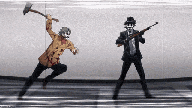 a man in a mask is holding an axe and a gun while another man in a suit is holding a gun .