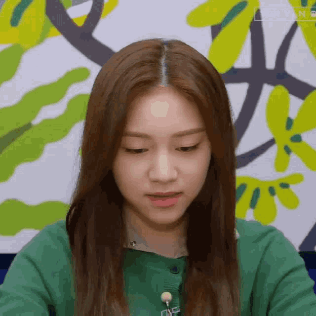 a young woman with long brown hair is wearing a green sweater and looking down .