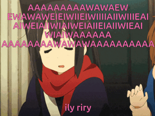 a picture of a girl with a red scarf and the words ily riry on the bottom
