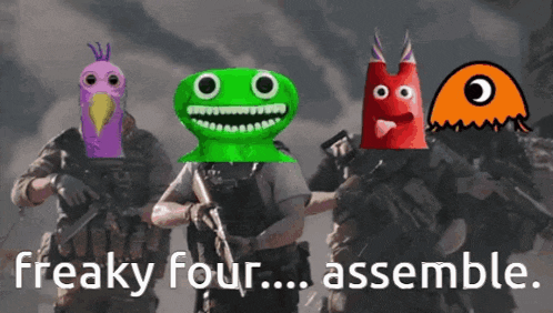 a group of soldiers standing next to each other with the words freaky four assemble