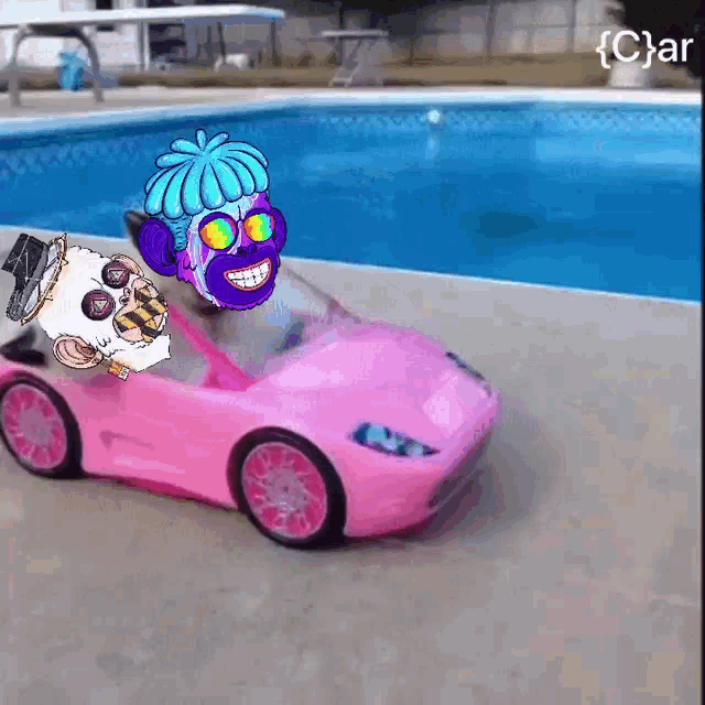 a pink toy car is driving by a pool with two cartoon characters in it