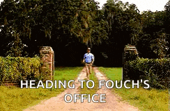 a man is walking down a dirt road with the words heading to fouch 's office written on the bottom