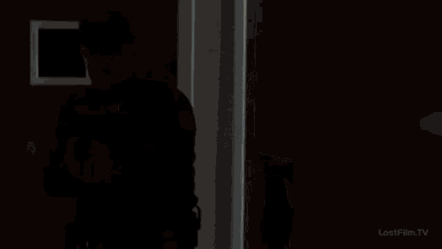 a man in a police uniform is standing in a dark room and talking to someone .