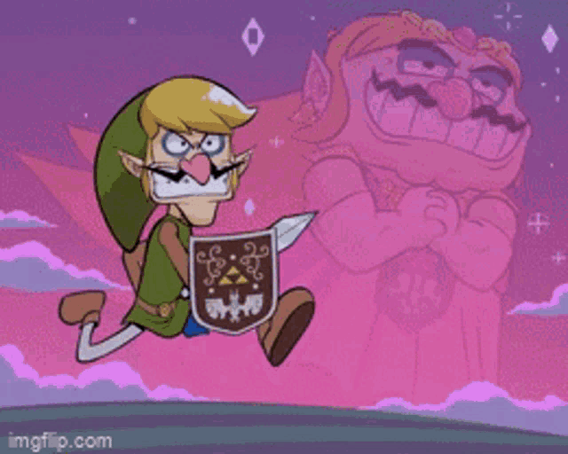 a cartoon of link holding a sword and shield with a wario behind him