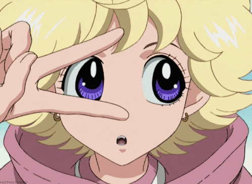 a girl with blonde hair and purple eyes is making a peace sign