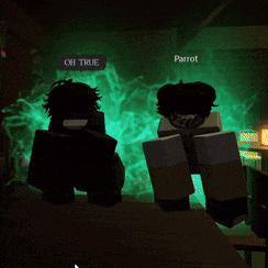 two cartoon characters are standing in a dark room with the name parrot on the bottom right