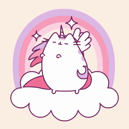 a unicorn cat with wings is sitting on a cloud under a rainbow