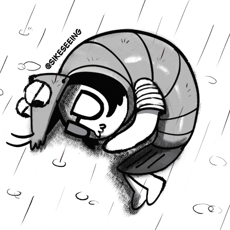 a black and white drawing of a person laying in the rain with a caption that says @sikeseering