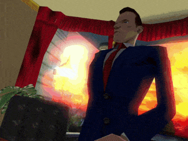 a man in a blue suit and red tie is standing in front of a window