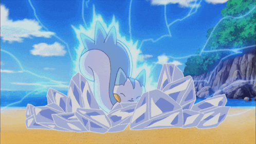 a cartoon cat is laying on a pile of ice on a beach